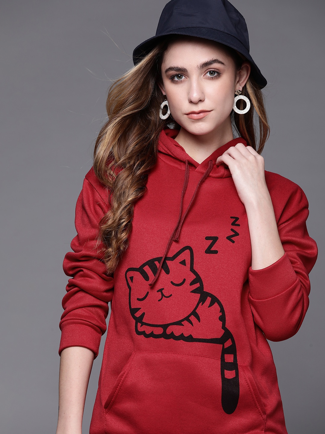 

JC Mode Women Maroon & Black Printed Hooded Sweatshirt