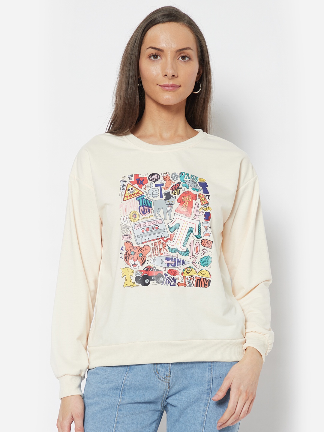 

URBANIC Women Off White Printed Sweatshirt
