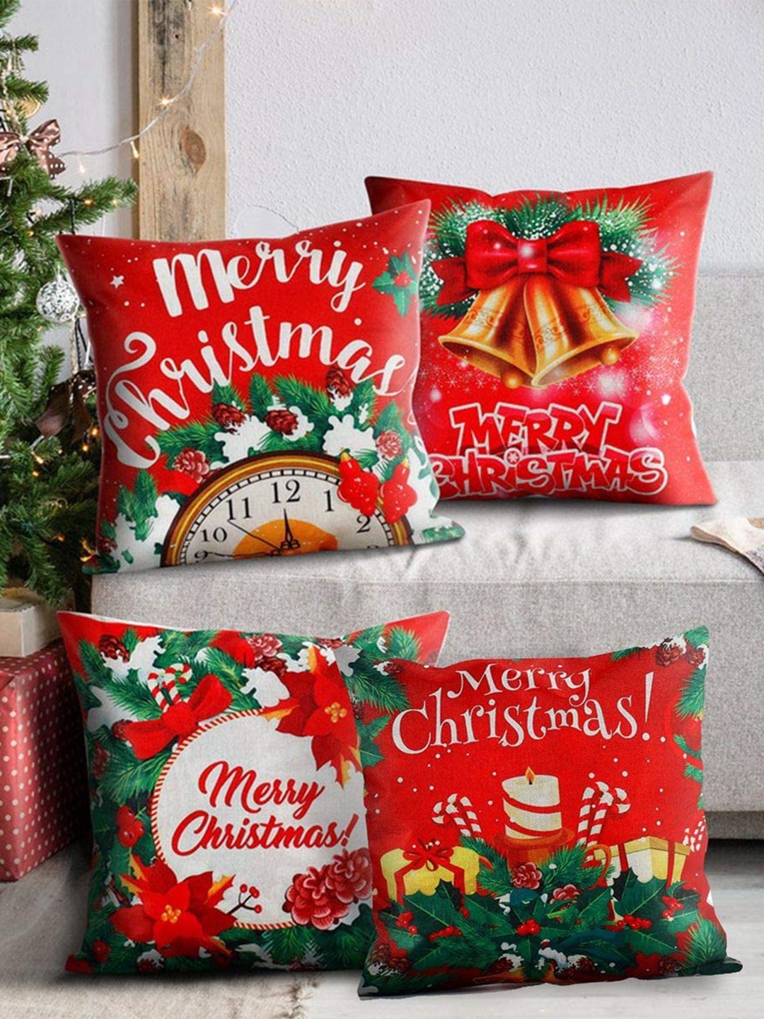 

AEROHAVEN Set of 4 Red & White Floral Square Cushion Covers