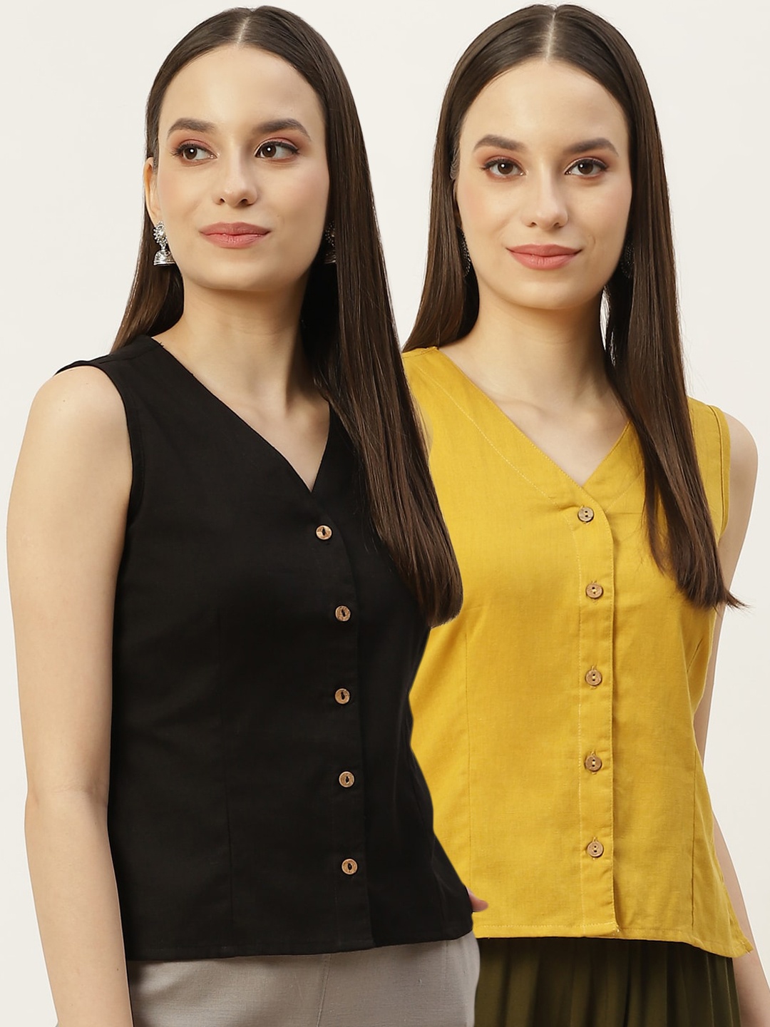 

Molcha Women Pack Of 2 Solid Cotton Long Saree Blouse, Mustard