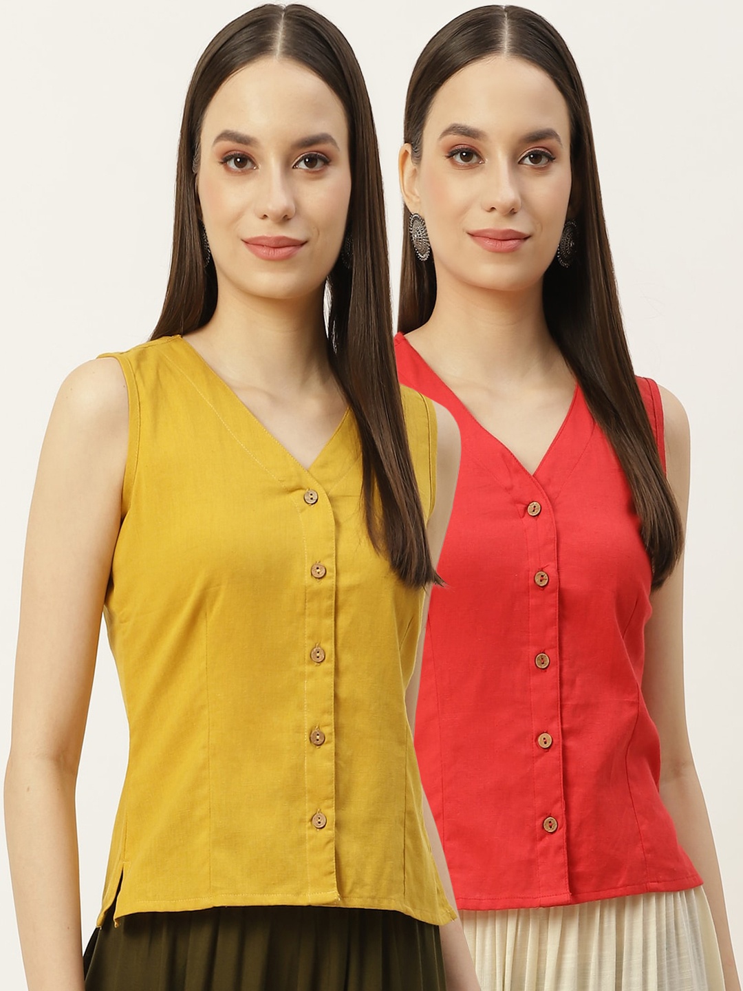 

Molcha Women Pack Of 2 Solid Cotton Long Saree Blouse, Mustard