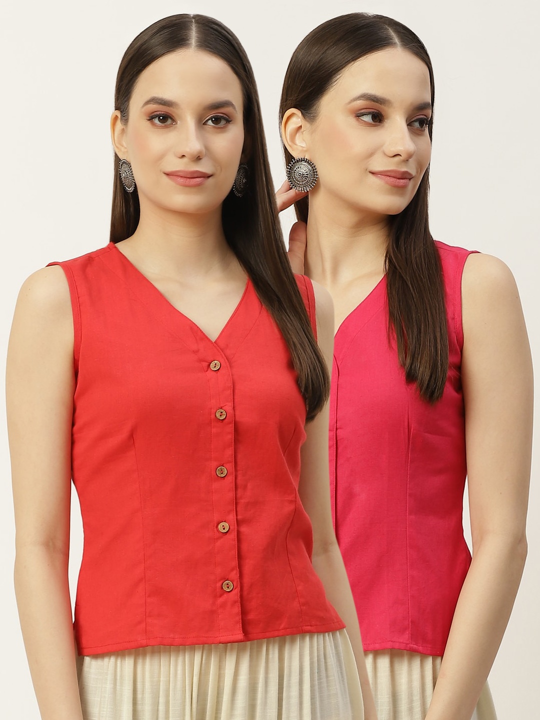

Molcha Women Pack Of 2 Solid Cotton Long Saree Blouse, Pink