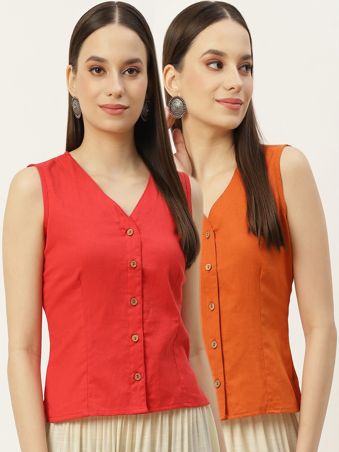 

Molcha Women Pack Of 2 Solid Cotton Long Saree Blouse, Rust