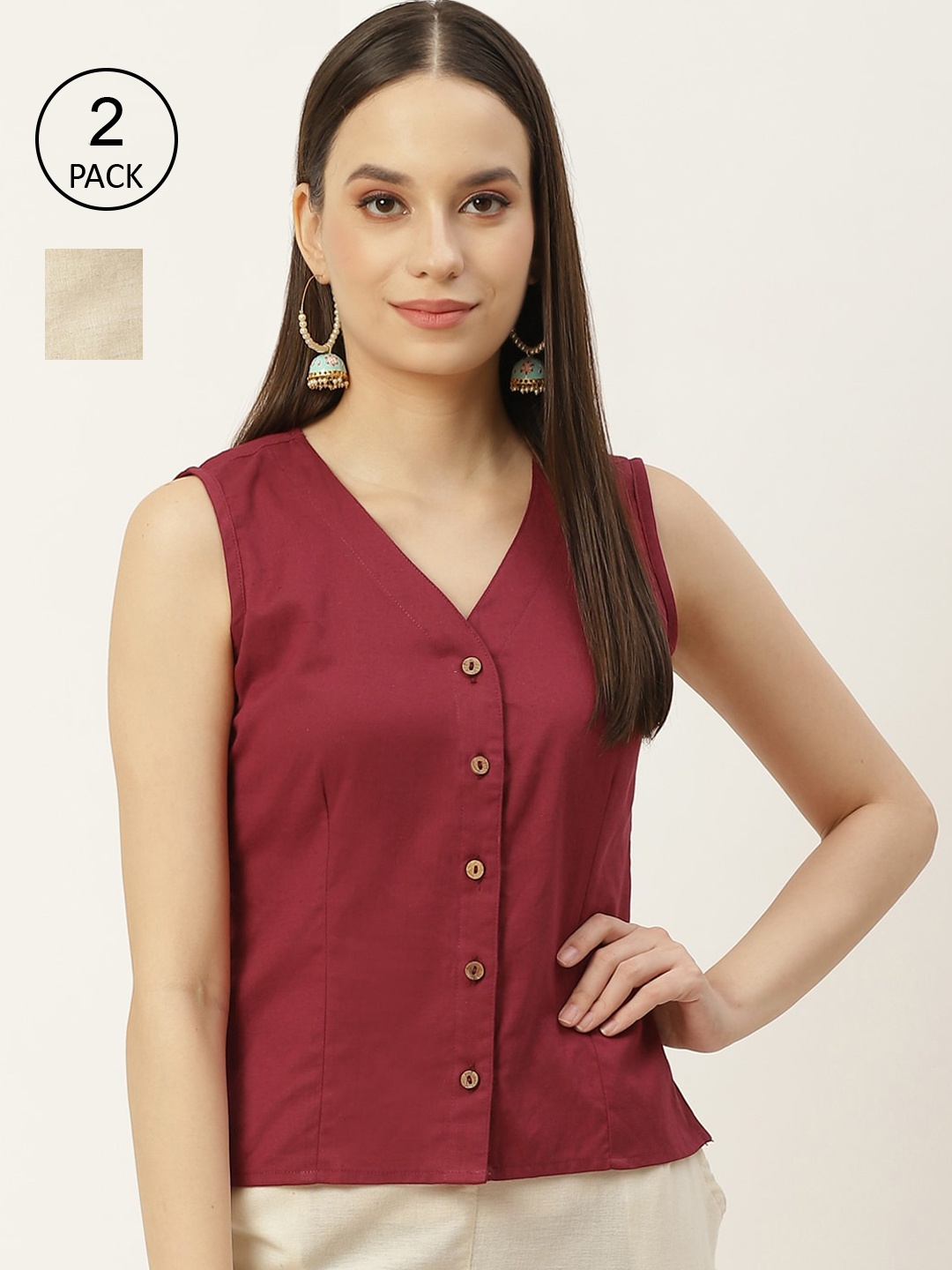 

Molcha Women Pack Of 2 Maroon & Off-White Solid Cotton Long Saree Blouse