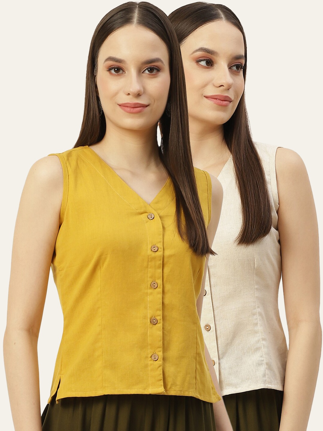 

Molcha Women Pack Of 2 Solid Cotton Long Saree Blouses, Cream