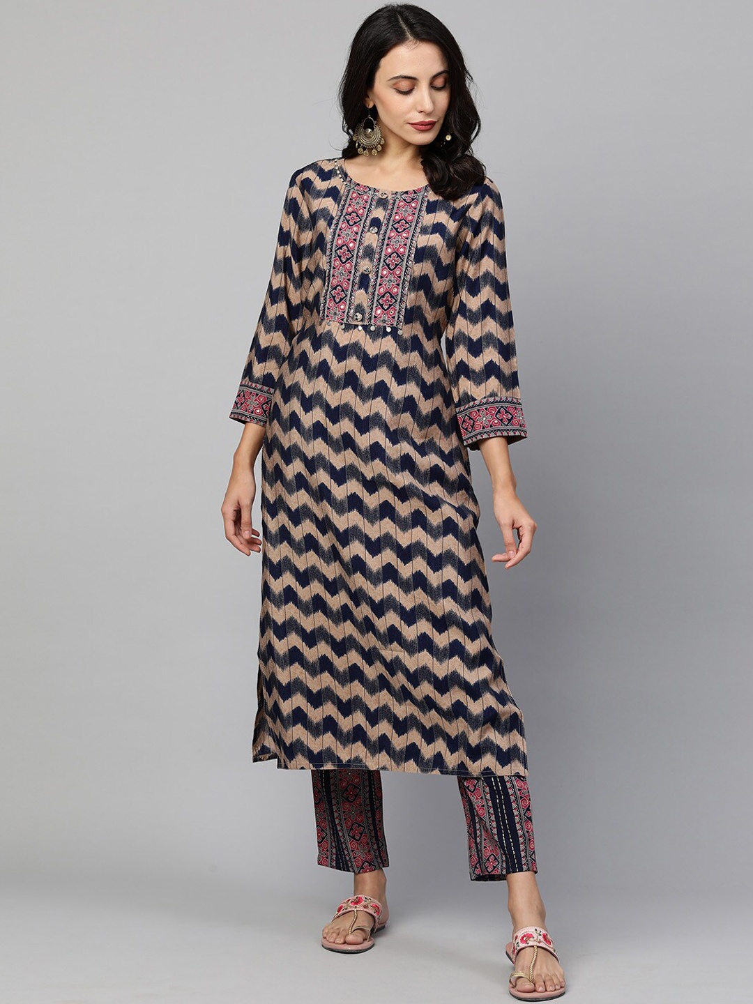 

FASHOR Women Navy Blue Printed Regular Sequinned Pure Cotton Kurti with Trousers