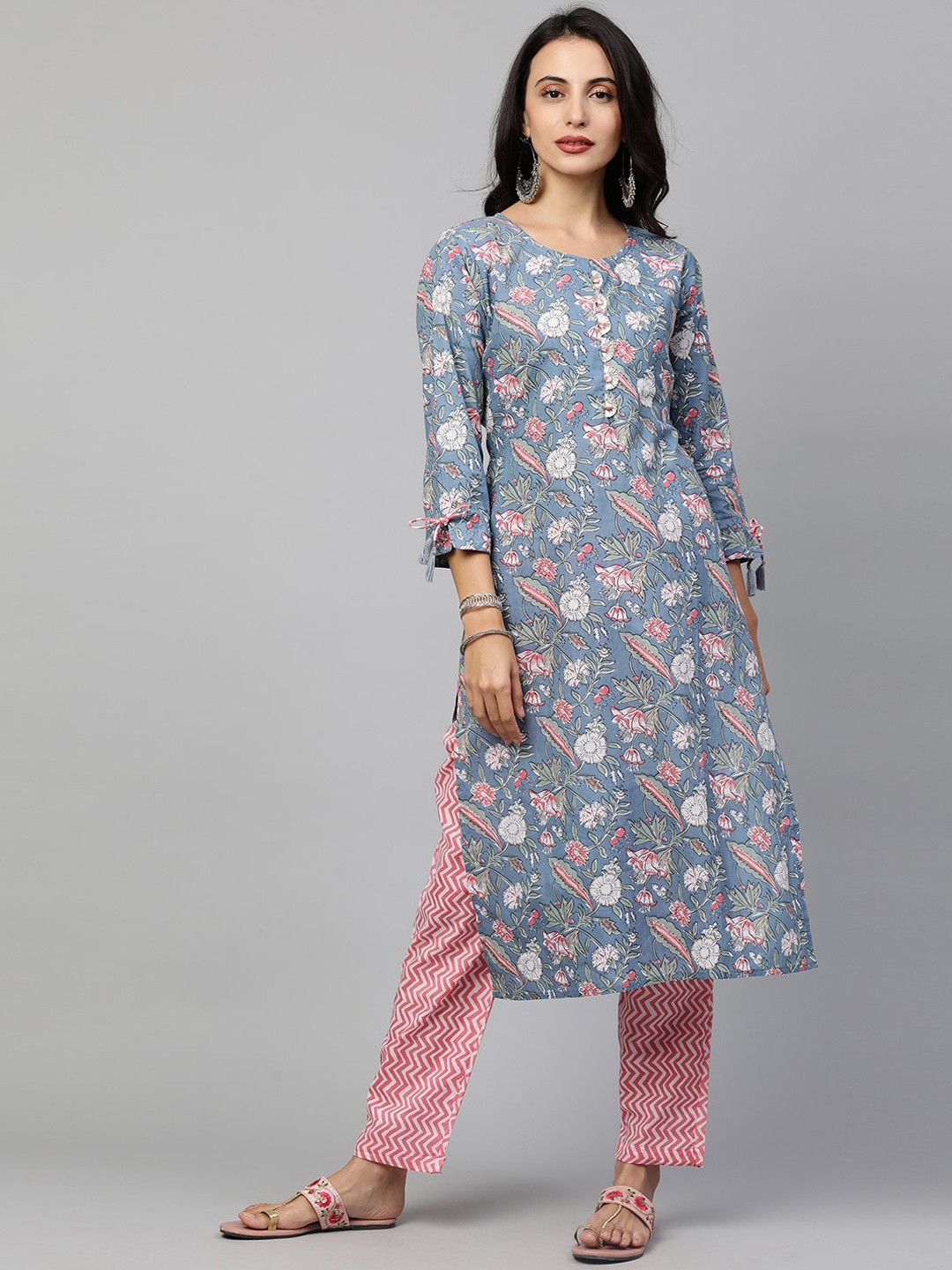 

FASHOR Women Blue Floral Printed Regular Pure Cotton Kurta with Salwar