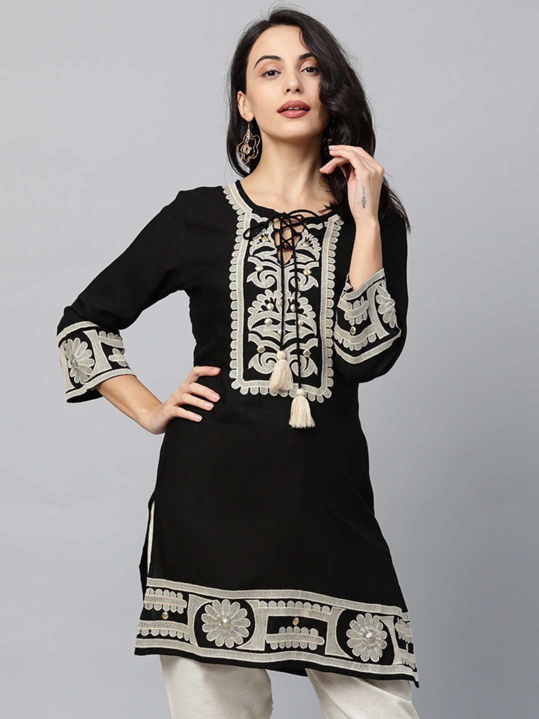 

FASHOR Black & Beige Ethnic Motifs Embroidered Thread Work Thread Work Kurti