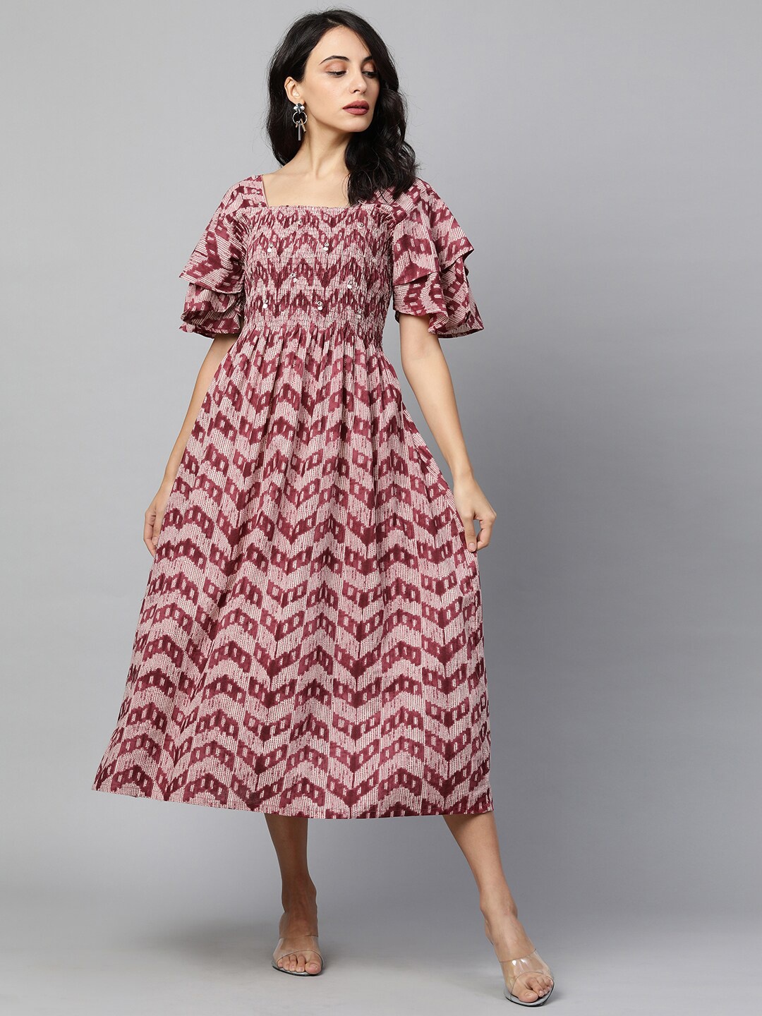 

FASHOR Burgundy Ethnic Motifs A-Line Midi Dress