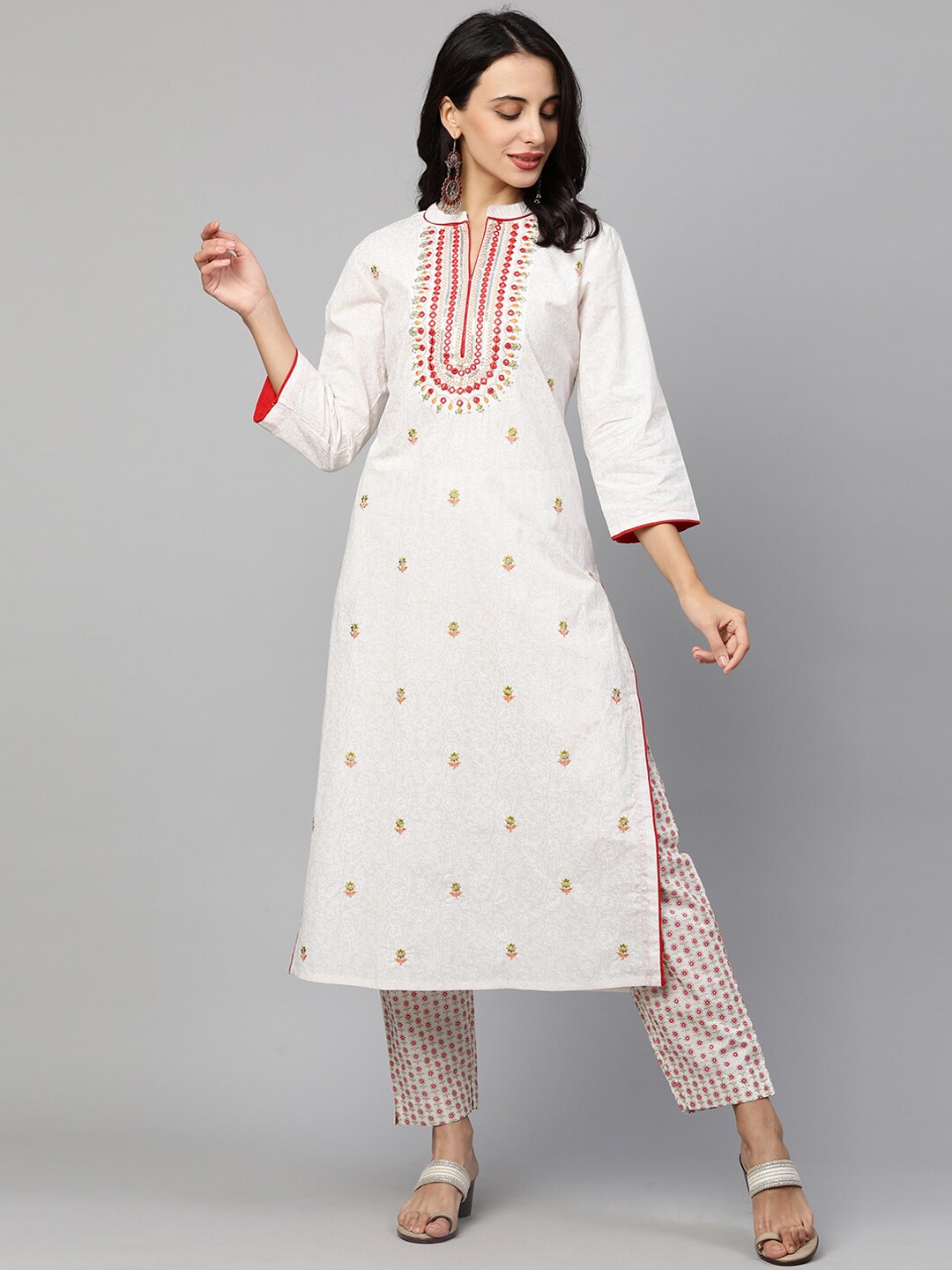 

FASHOR Women White Ethnic Motifs Regular Pure Cotton Kurti with Trousers