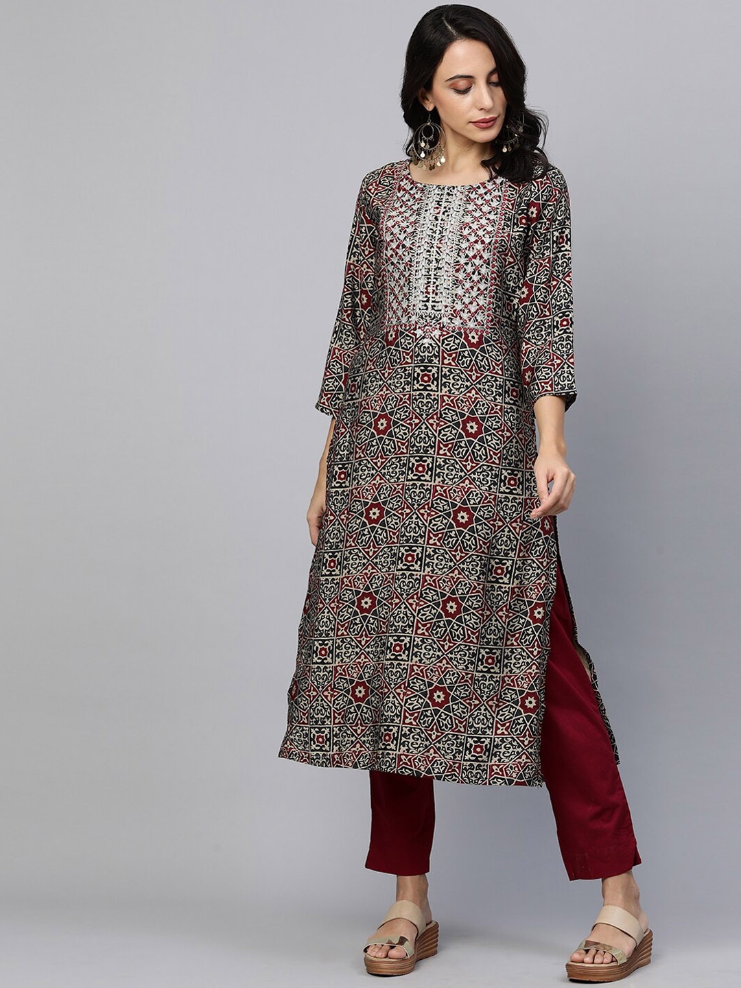 

FASHOR Women Maroon Yoke Design Regular Kurta with Trousers