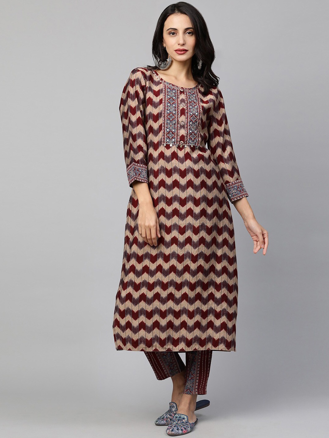 

FASHOR Women Maroon & Beige Printed Regular Pure Cotton Kurta with Trousers