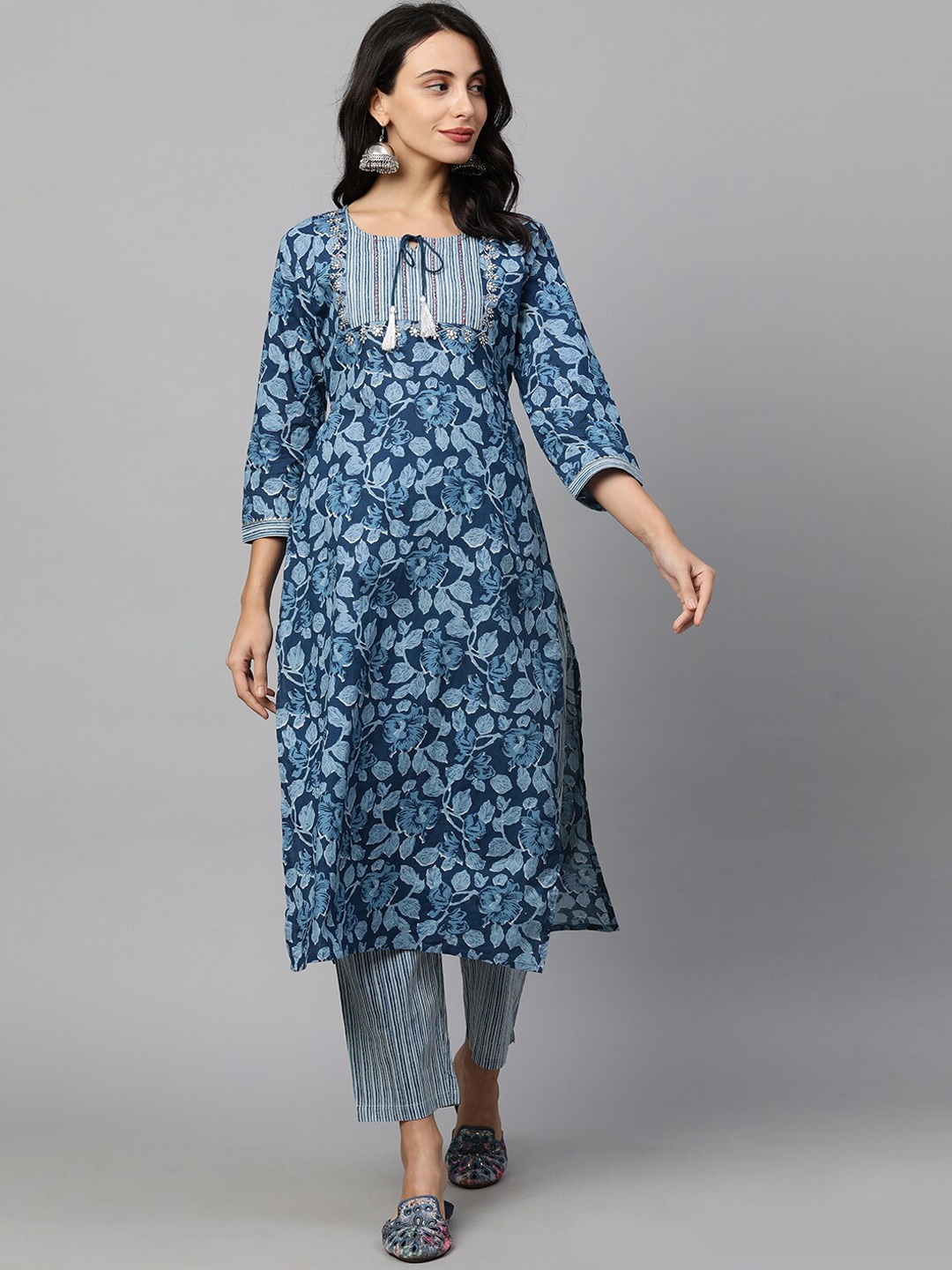 

FASHOR Women Blue Ethnic Motifs Printed Pure Cotton Kurta with Trousers