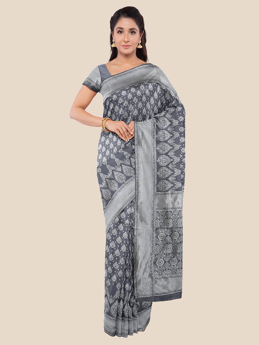 

KLM Fashion Mall Grey & Silver-Coloured Ethnic Motifs Silk Blend Banarasi Saree