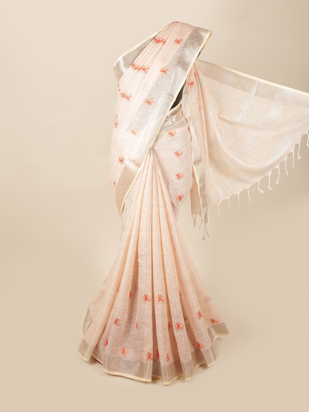 

Pothys Peach-Coloured & Red Ethnic Motifs Embroidered Linen Blend Saree