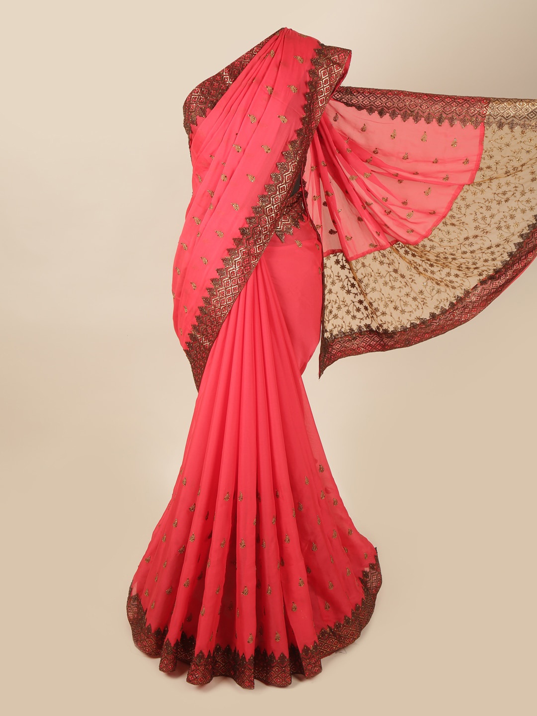 

Pothys Pink & Maroon Embellished Beads and Stones Pure Georgette Saree