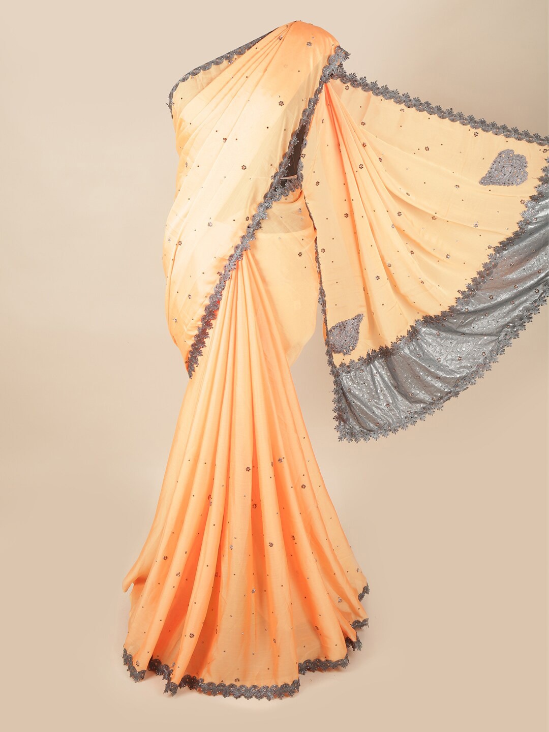 

Pothys Peach-Coloured & Grey Embellished Pure Georgette Saree