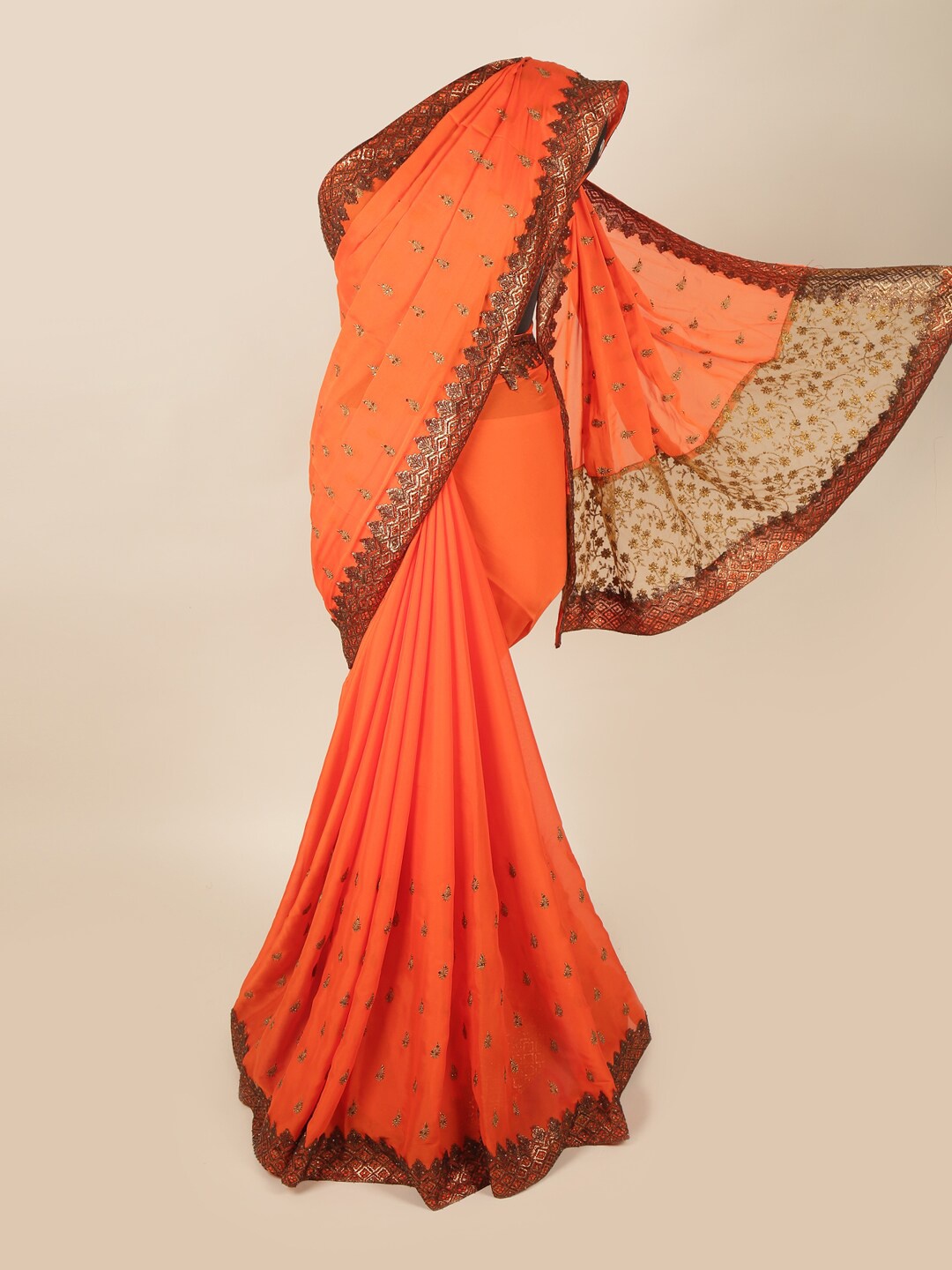 

Pothys Orange & Gold-Toned Floral Embroidered Pure Georgette Saree