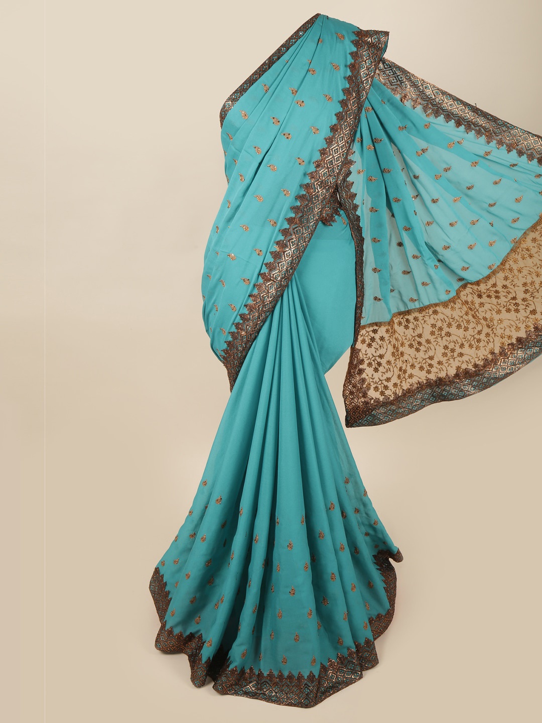 

Pothys Blue & Brown Embellished Beads and Stones Pure Georgette Saree