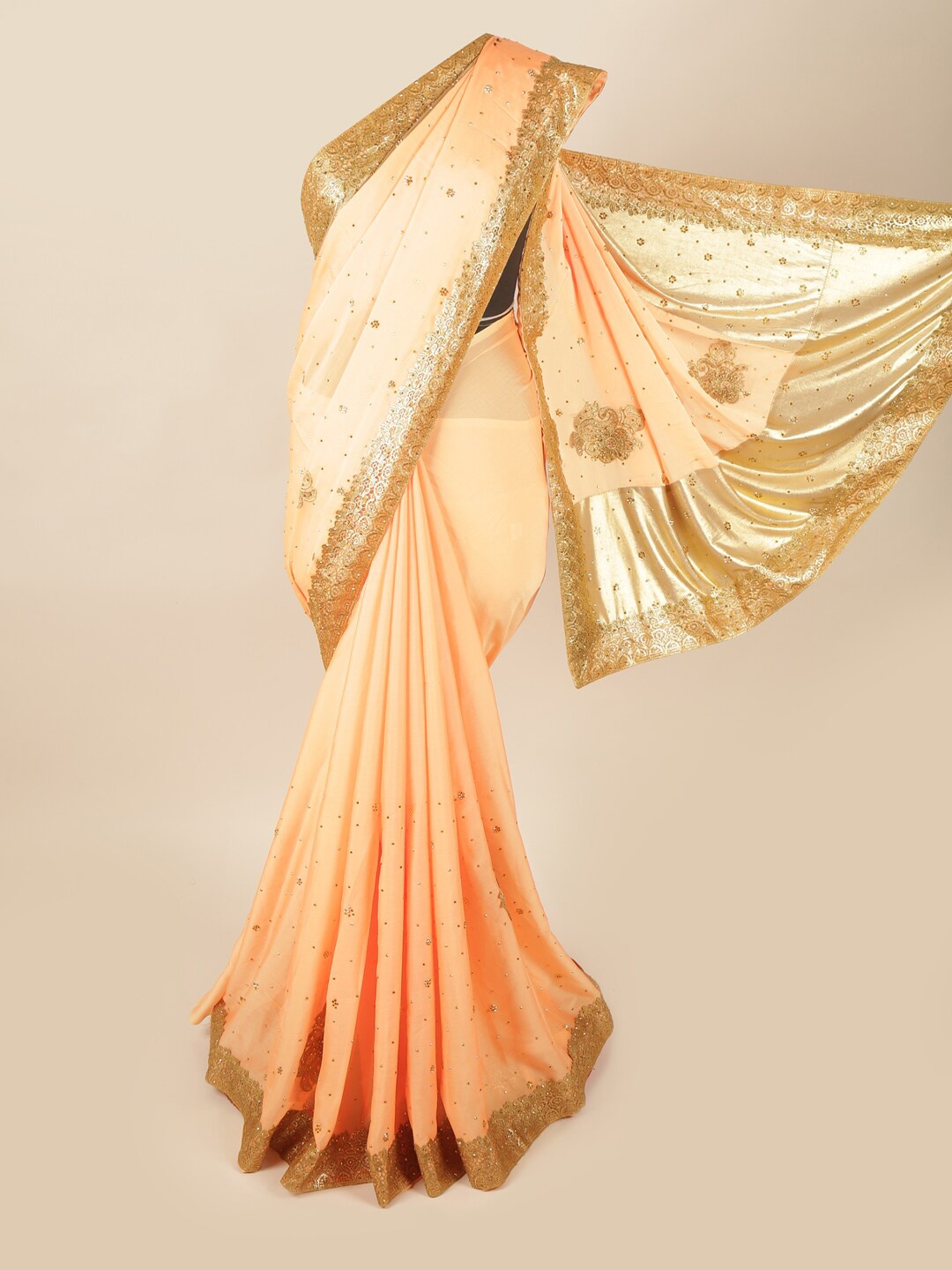 

Pothys Peach-Coloured & Gold-Toned Floral Beads and Stones Pure Georgette Saree