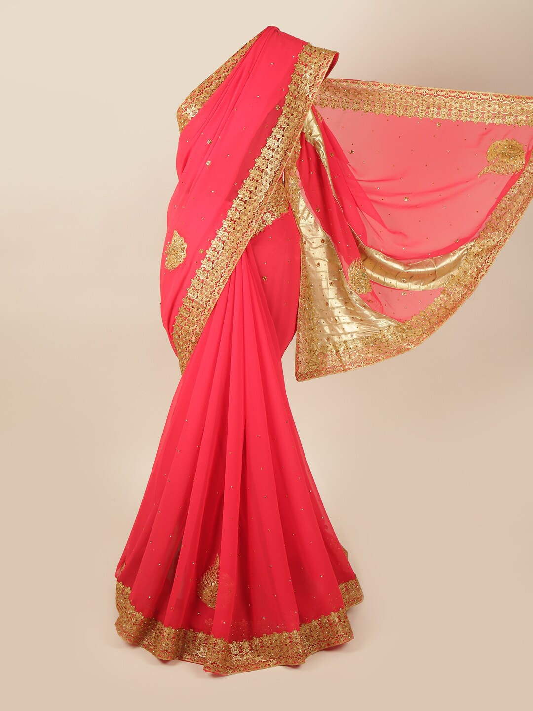 

Pothys Red & Gold-Toned Embellished Beads and Stones Pure Georgette Saree