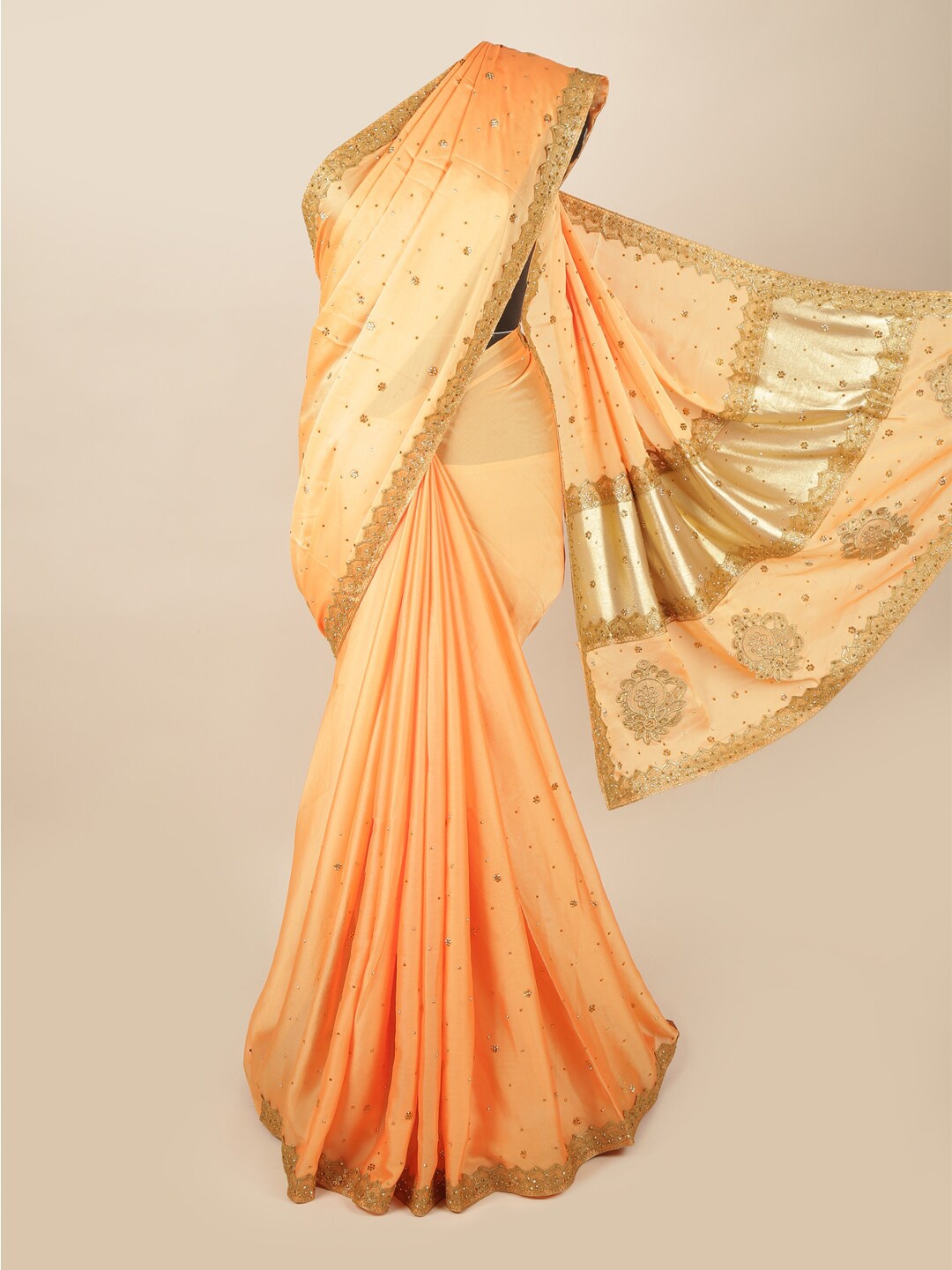 

Pothys Peach-Coloured & Gold-Toned Woven Design Pure Georgette Saree