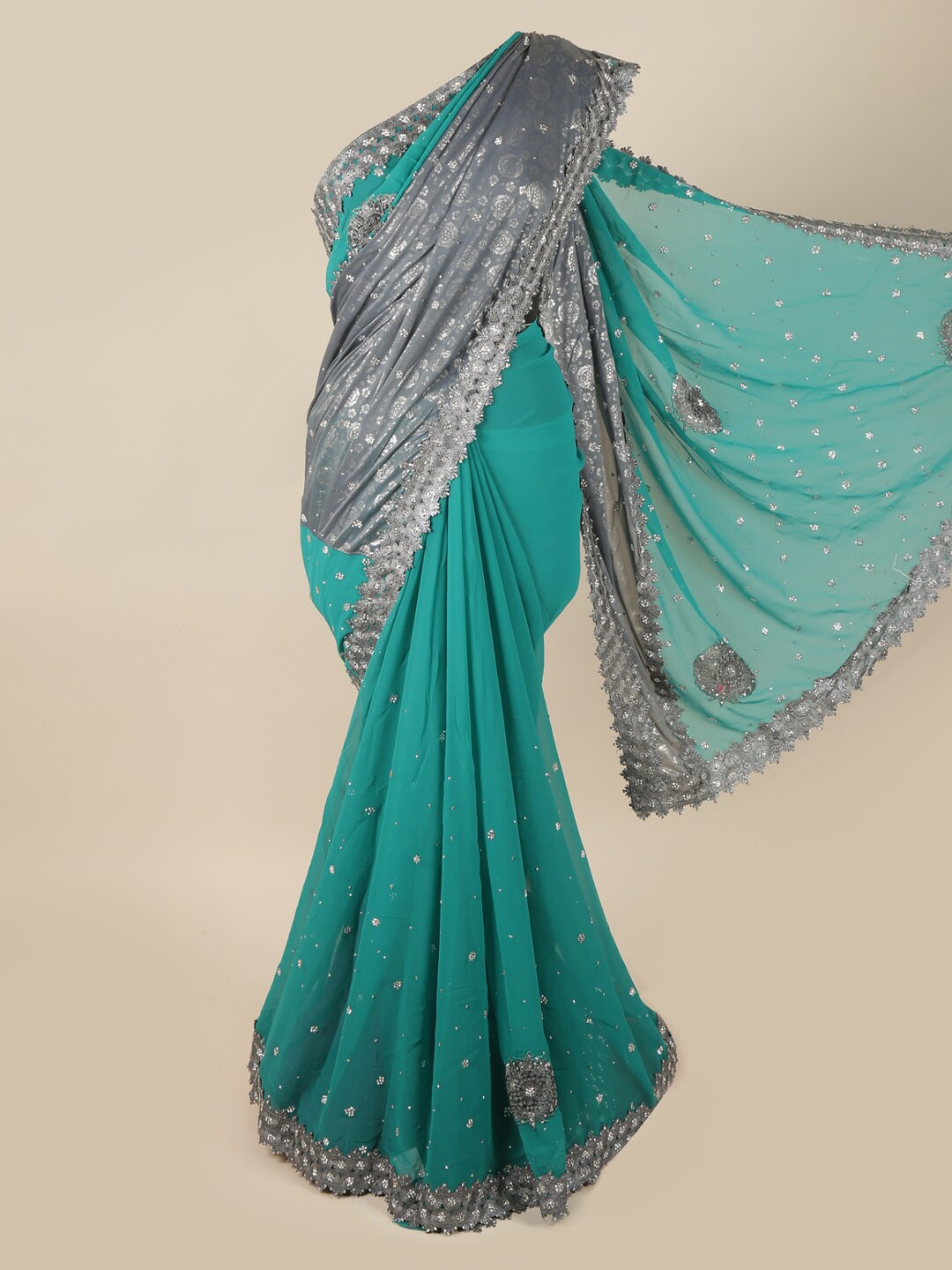 

Pothys Blue & Grey Embellished Beads and Stones Pure Georgette Saree