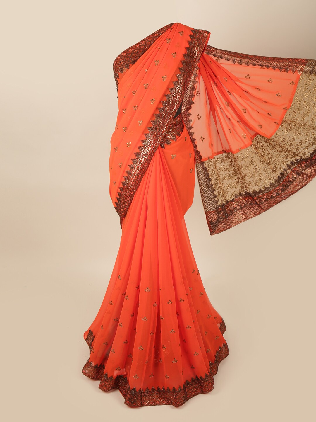 

Pothys Orange & Gold-Coloured Embellished Beads and Stones Pure Georgette Saree