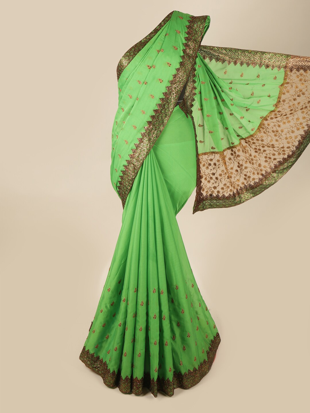 

Pothys Green & Gold-Toned Floral Beads and Stones Pure Georgette Saree