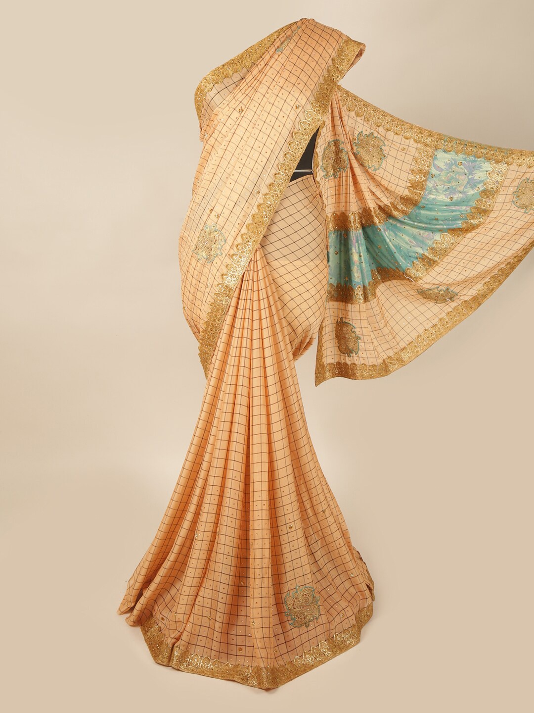 

Pothys Peach-Coloured & Gold-Coloured Ethnic Motifs Embroidered Pure Georgette Saree
