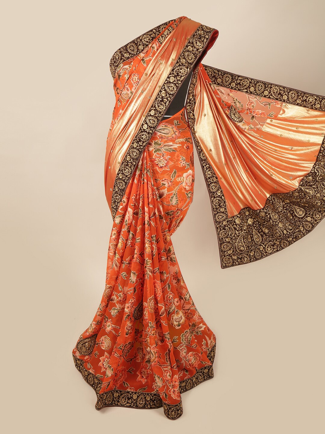 

Pothys Orange & Brown Embellished Beads and Stones Pure Georgette Saree