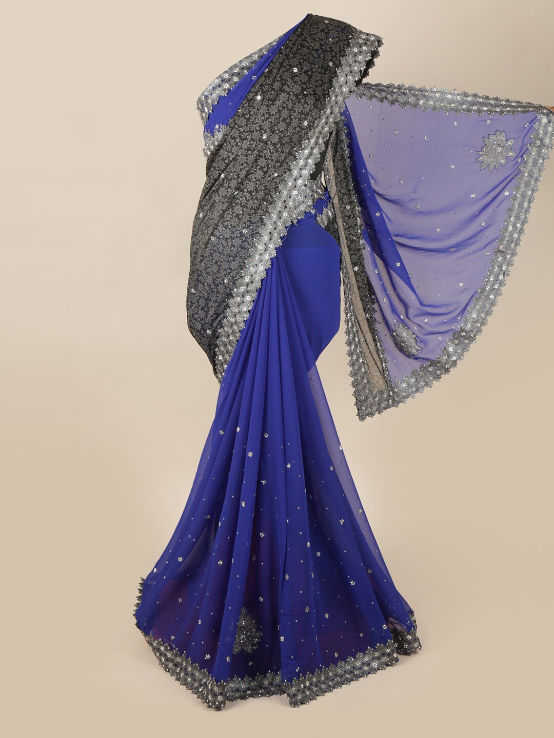 

Pothys Blue & Black Floral Pure Georgette Half and Half Saree