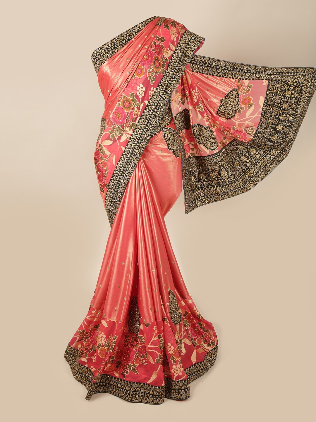

Pothys Pink & Black Ethnic Motifs Beads & Stones Pure Georgette Saree