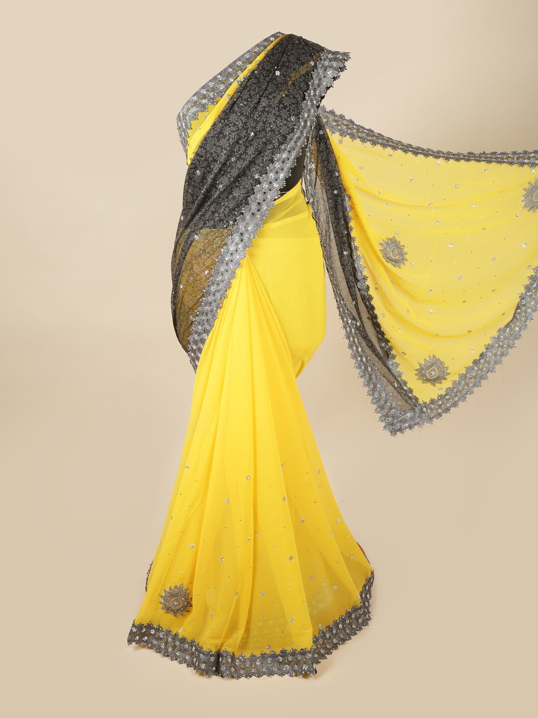 

Pothys Yellow & Grey Floral Embroidered Pure Georgette Saree