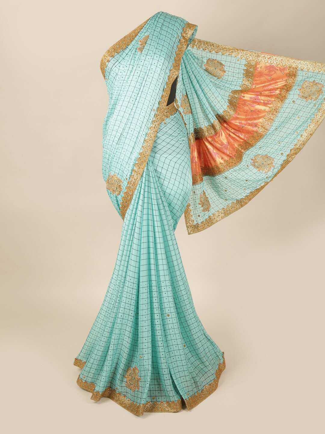 

Pothys Blue & Orange Embellished Beads and Stones Pure Georgette Saree