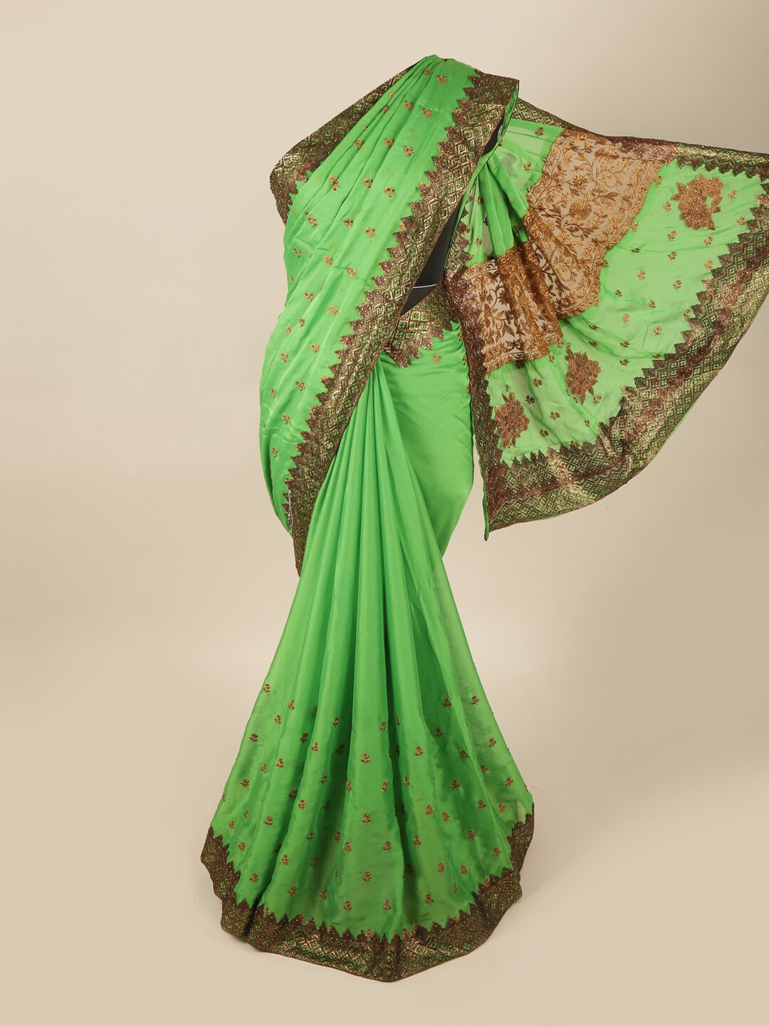 

Pothys Fluorescent Green & Copper-Toned Floral Beads and Stones Pure Georgette Saree