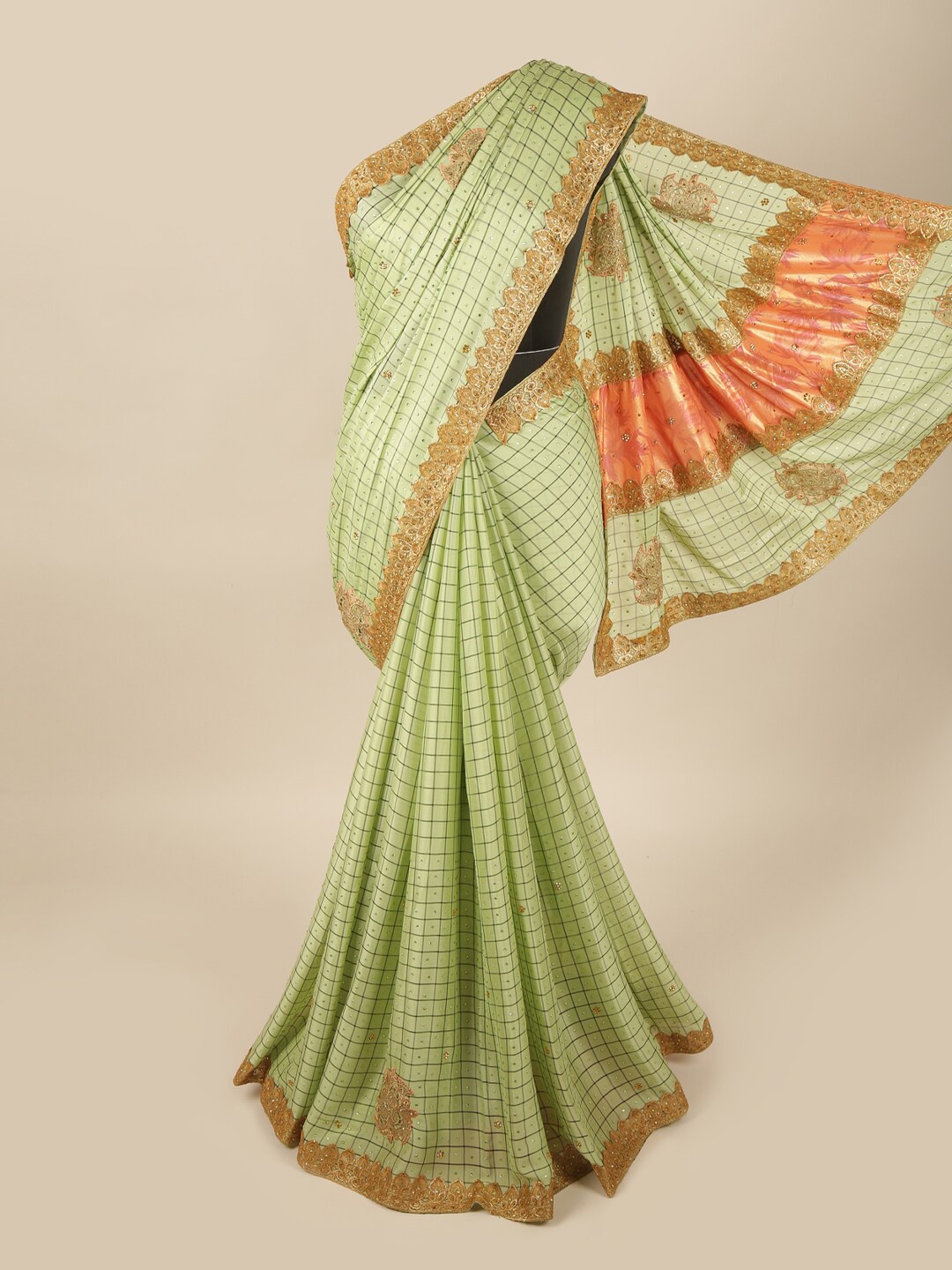 

Pothys Green & Orange Checked Beads and Stones Pure Georgette Saree