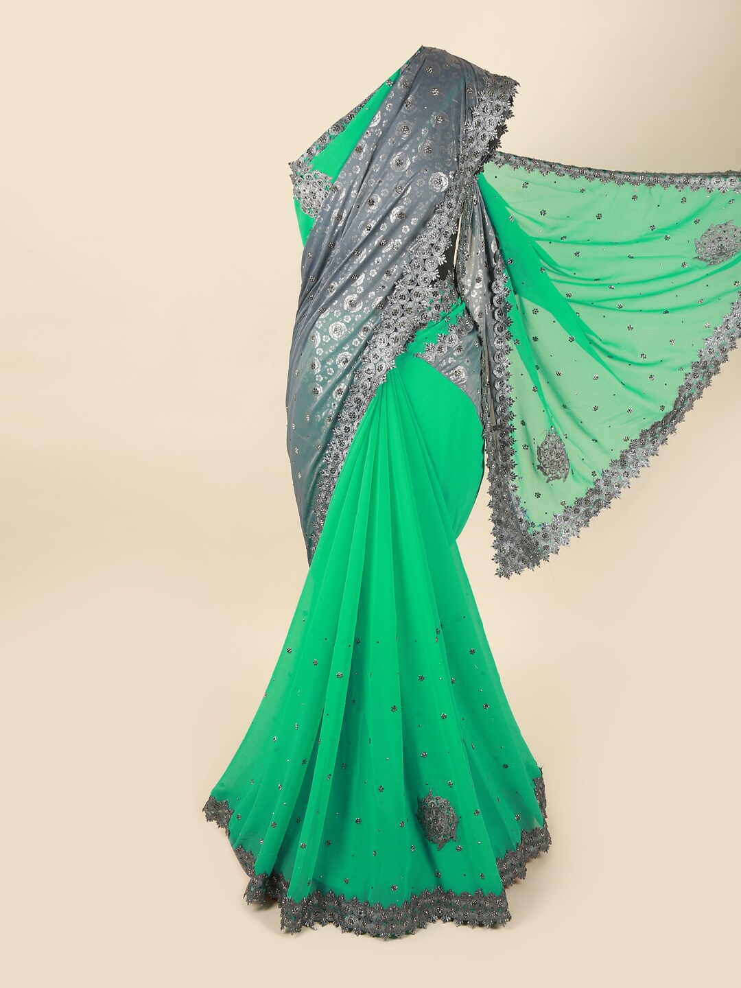 

Pothys Green & Grey Embellished Beads and Stones Pure Georgette Saree