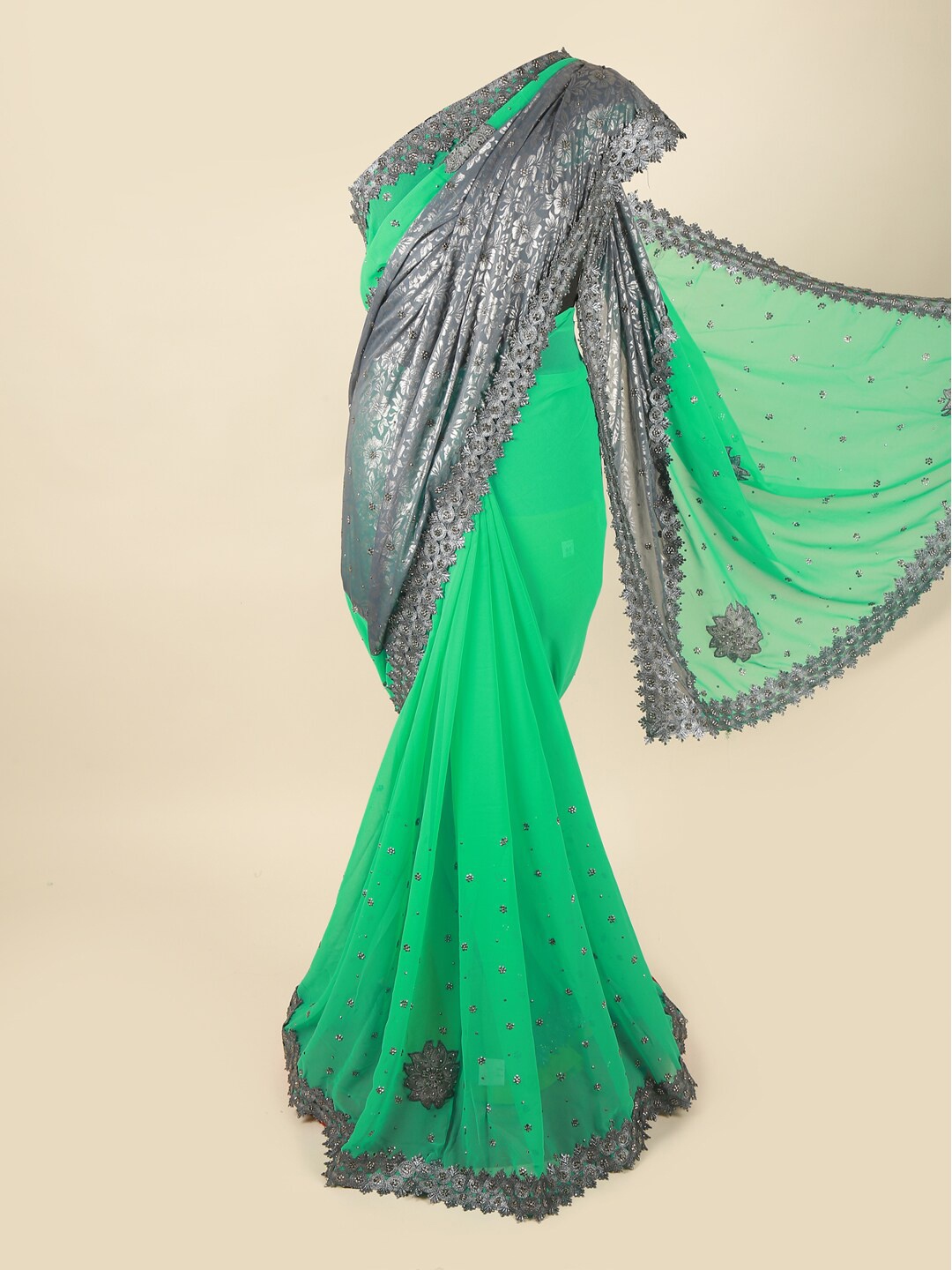 

Pothys Green & Grey Embellished Pure Georgette Saree
