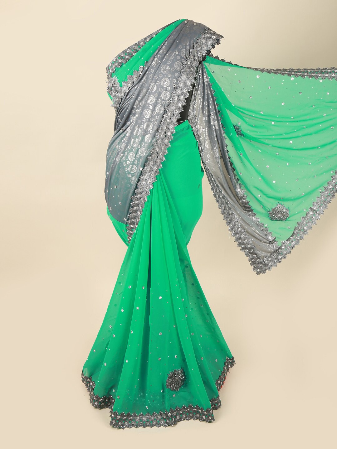 

Pothys Green & Grey Embellished Sequinned Pure Georgette Saree