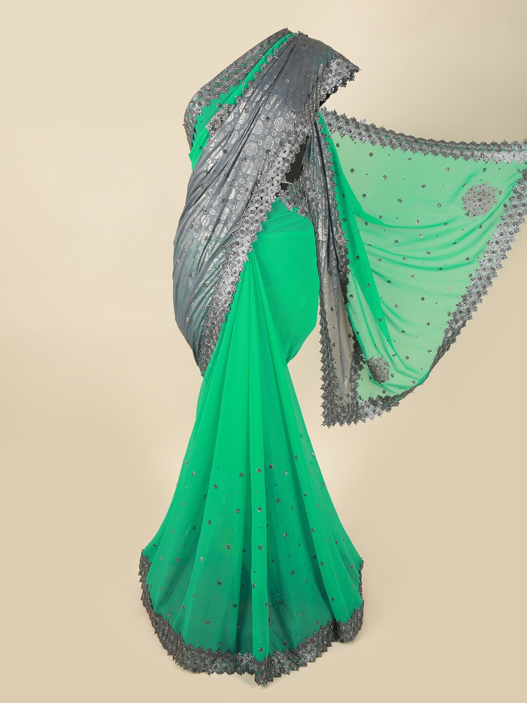 

Pothys Green & Gunmetal-Toned Floral Stones & Beads Embellished Pure Georgette Saree