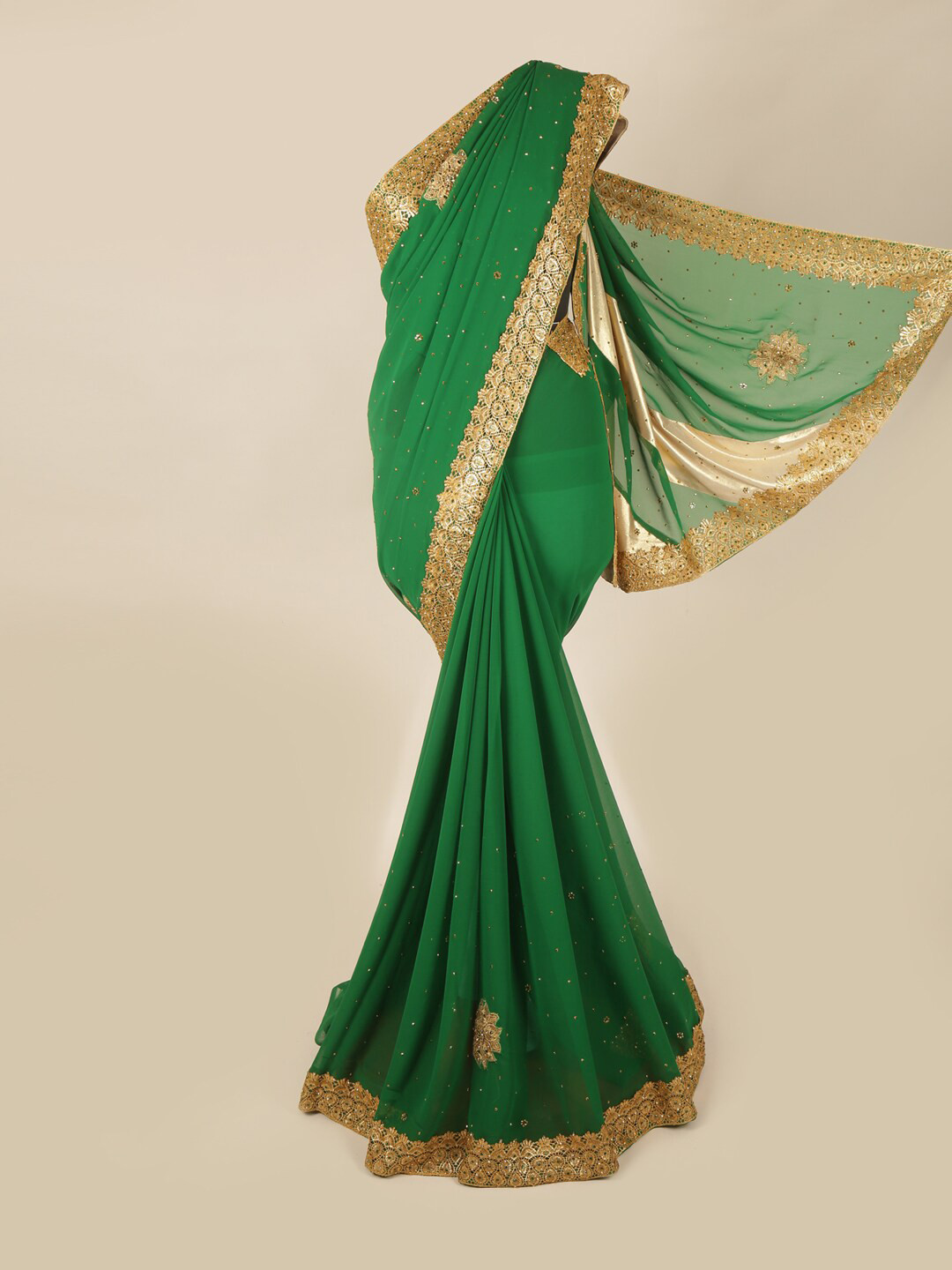 

Pothys Green & Gold-Toned Embellished Embroidered Pure Georgette Saree