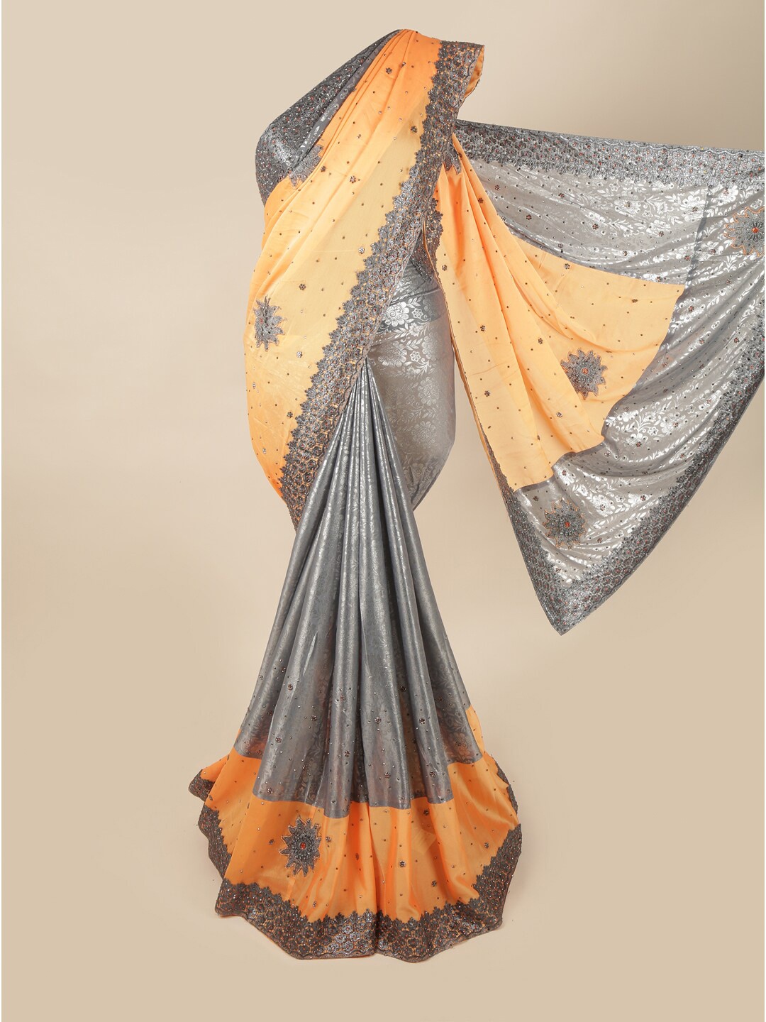 

Pothys Peach-Coloured & Grey Floral Embroidered Pure Georgette Saree