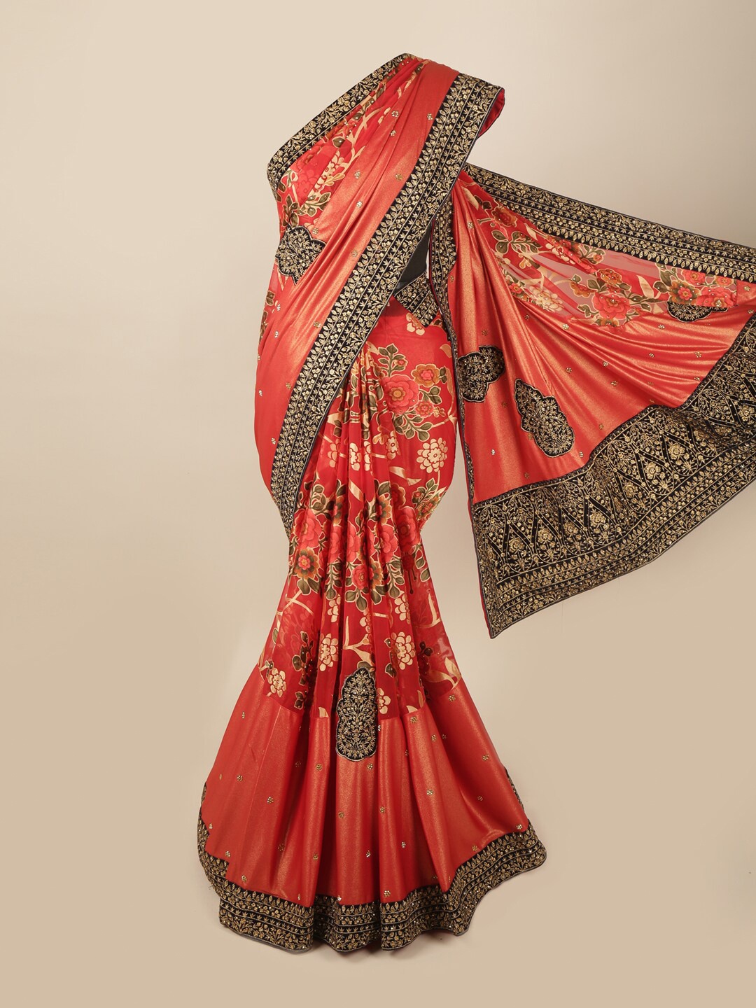 

Pothys Red & Black Embellished Beads and Stones Pure Georgette Saree