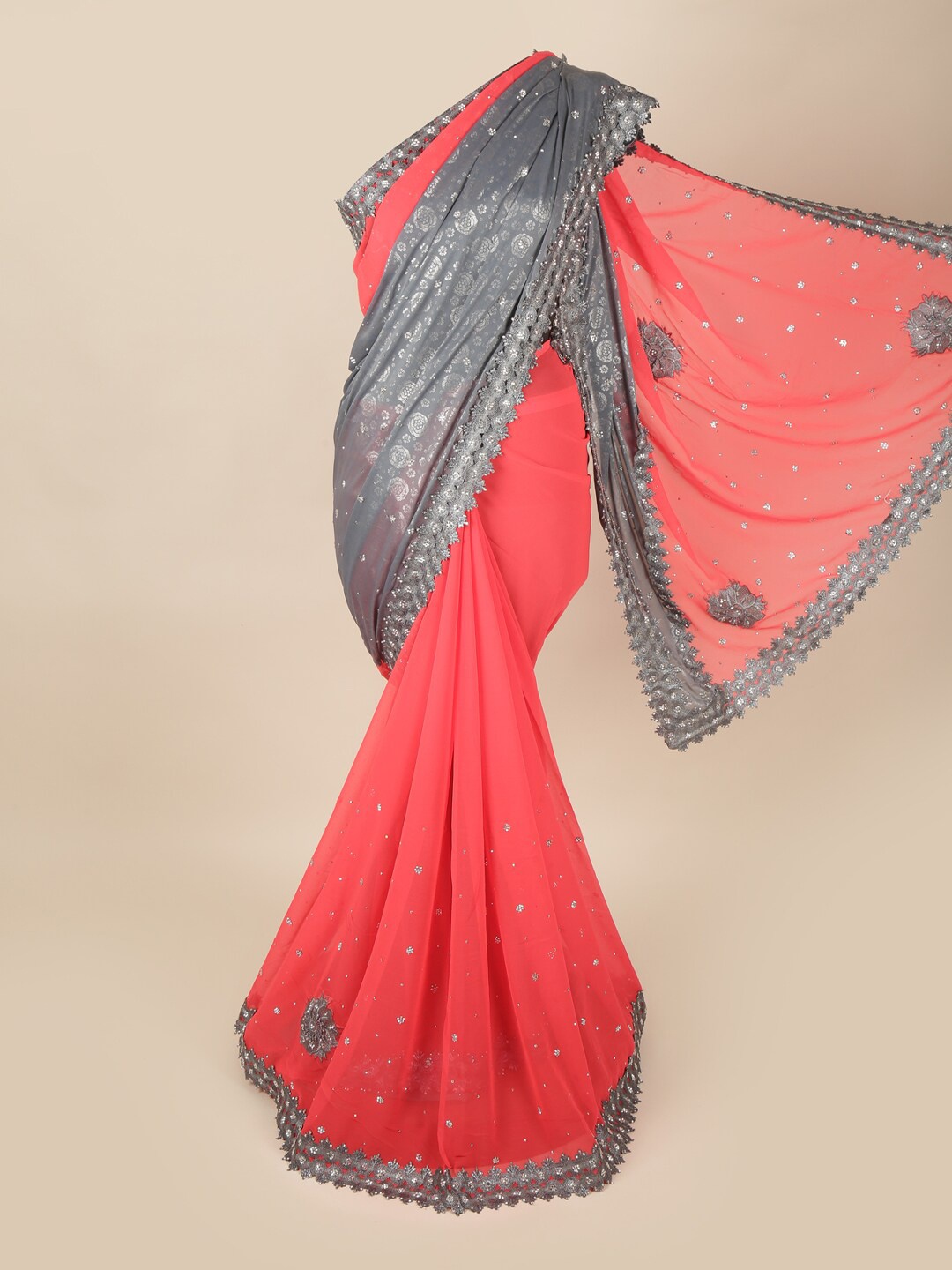 

Pothys Pink & Grey Floral Pure Georgette Half and Half Saree