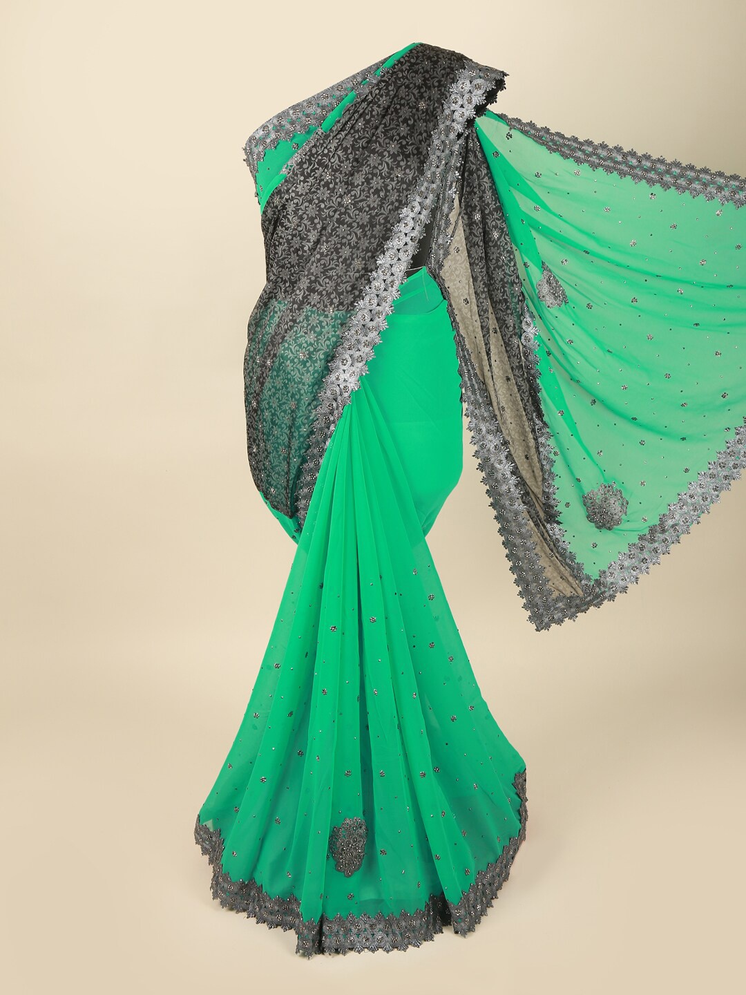 

Pothys Green & Black Embellished Beads and Stones Pure Georgette Saree