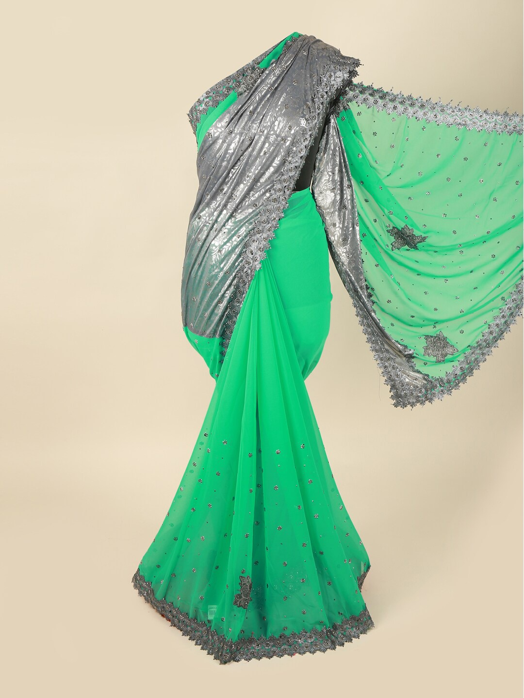 

Pothys Green & Grey Embellished Beads and Stones Pure Georgette Saree