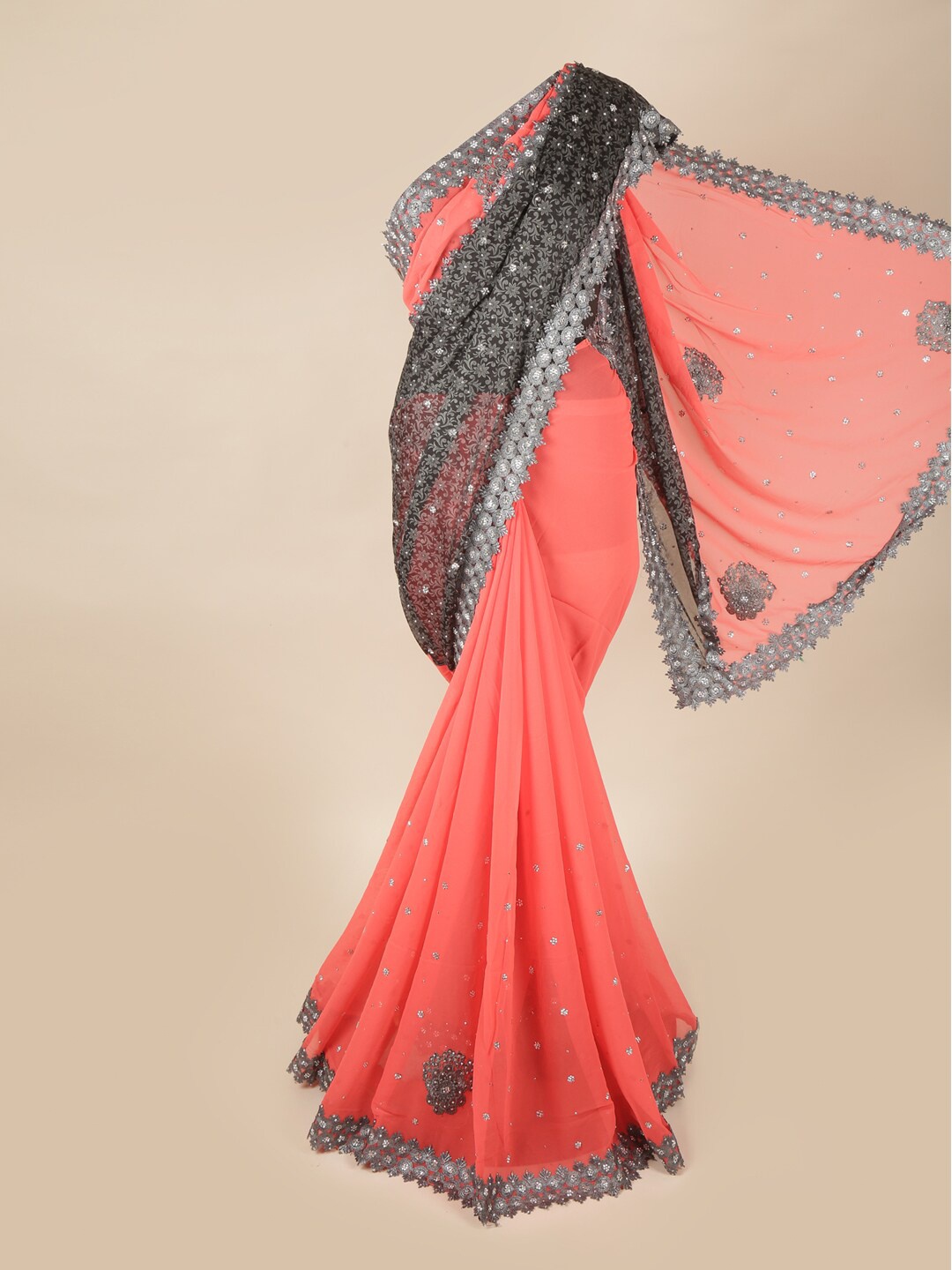 

Pothys Pink & Black Floral Beads and Stones Pure Georgette Saree