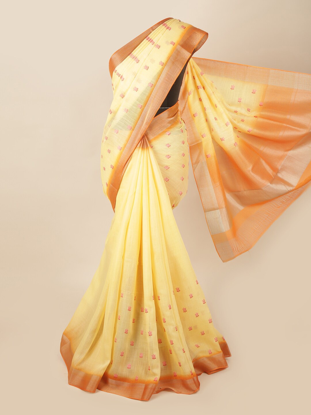 

Pothys Yellow & Pink Floral Embroidered Zari Linen Blend Saree
