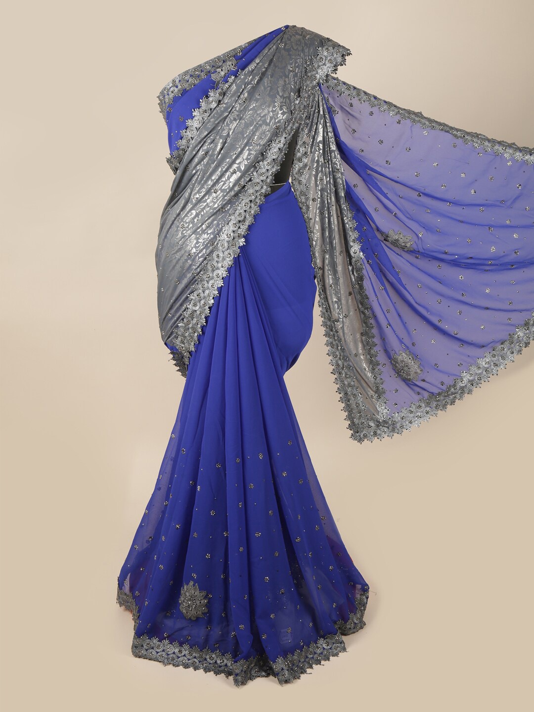 

Pothys Blue & Grey Embellished Beads and Stones Pure Georgette Saree